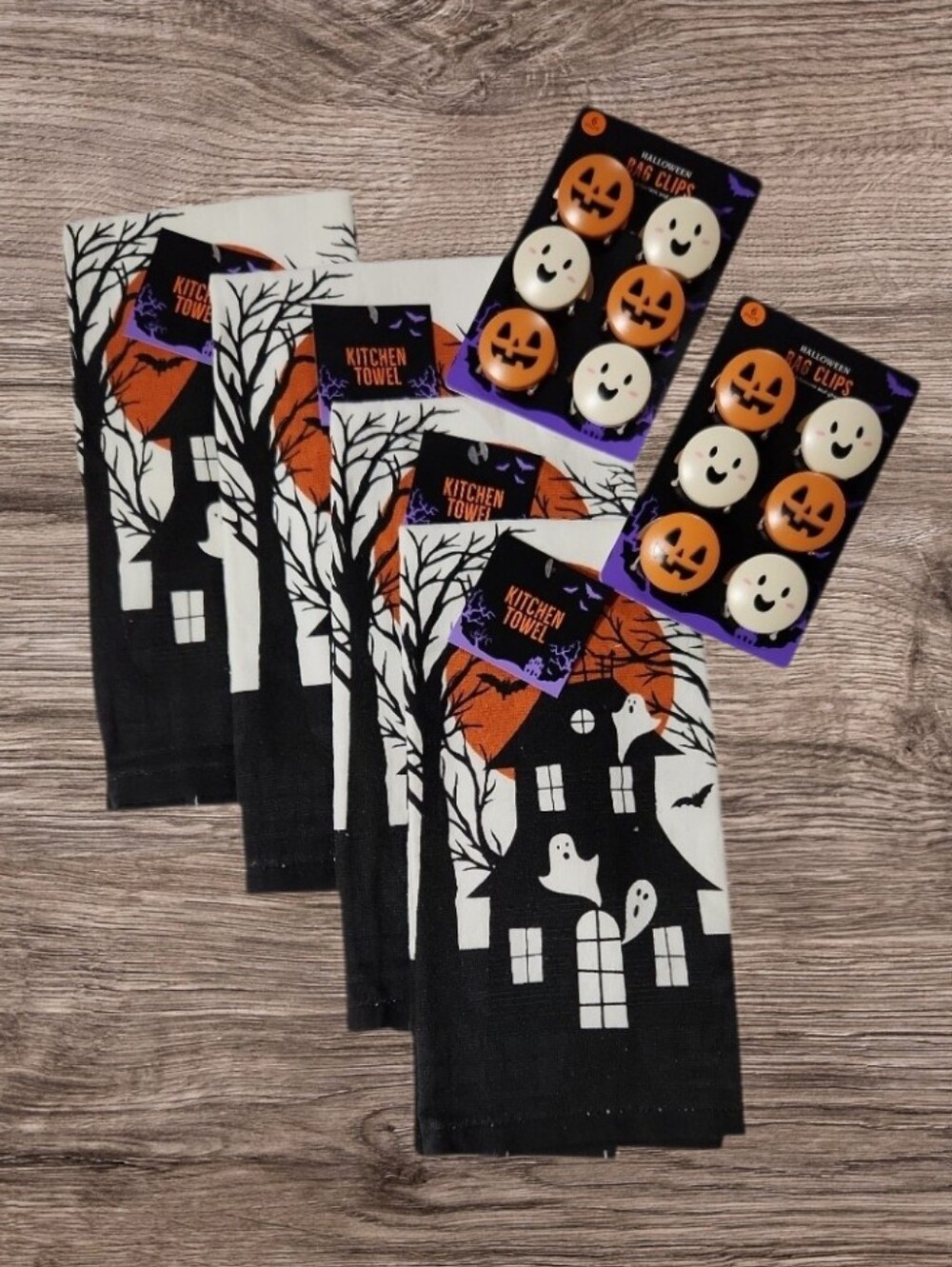 Halloween Spooky House Kitchen Towels & Jack-O-Lantern Themed Bag Clips